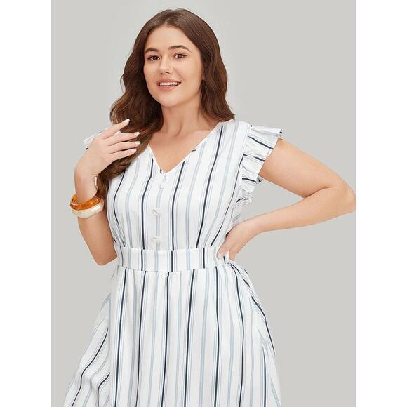 5X 28 Plus Size White Stripe BloomChic Midi Dress Pocket Ruffle Sleeve - Picture 5 of 11